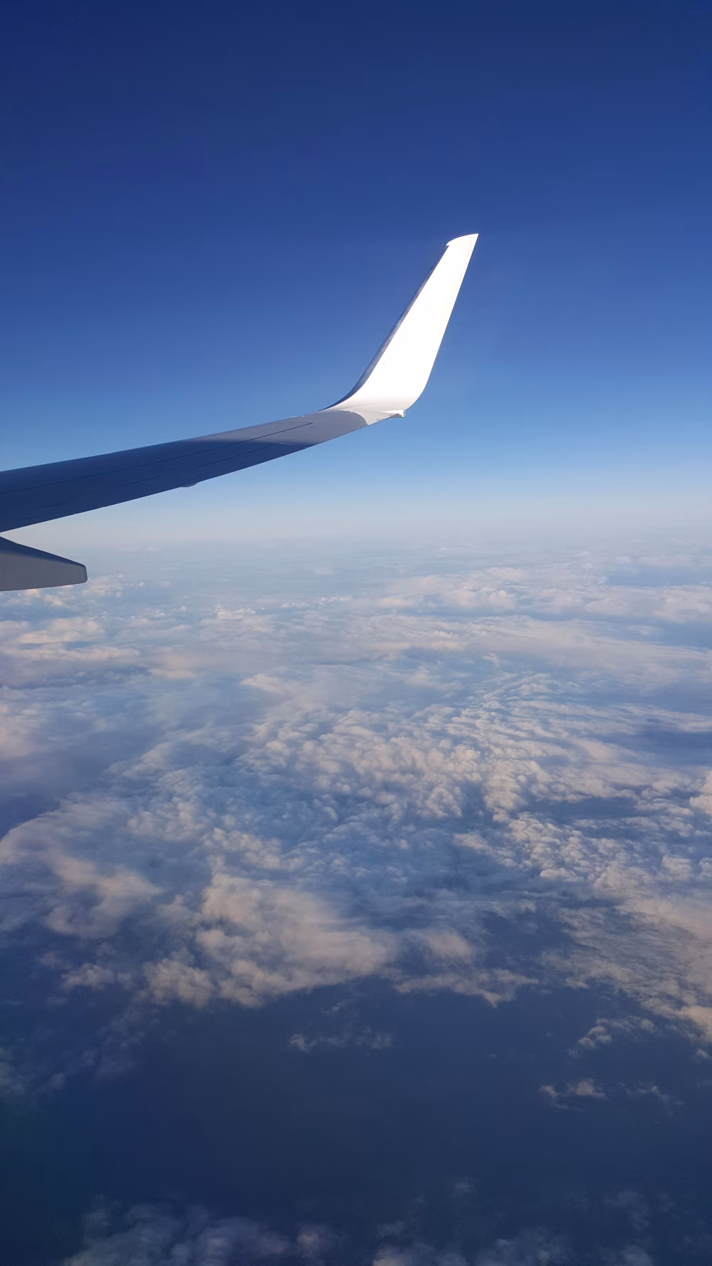Airplane Wing Over Cloudscape at High Altitude Sky View During Calm Daytime Flight